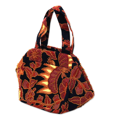 Perlenbesetzte Batik-Handtasche aus Baumwolle - Balinesische handgestempelte Baumwoll-Batik-Handtasche mit Perlen