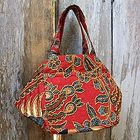 Beaded cotton batik handbag, 'Red Peacock' - Beaded Red Handbag with Hand Stamped Batik from Bali