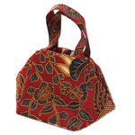 Beaded cotton batik handbag, 'Red Peacock' - Beaded Red Handbag with Hand Stamped Batik from Bali