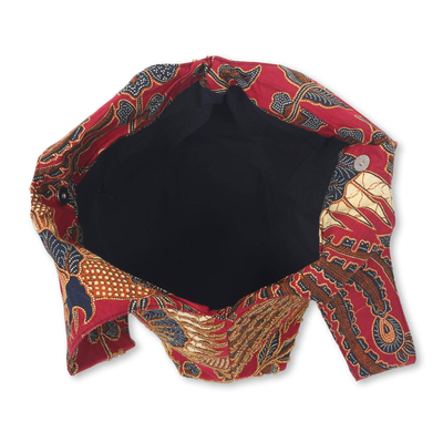Beaded cotton batik shoulder bag, 'Red Sawunggaling' - Red Cotton Batik Beaded Shoulder Bag from Bali
