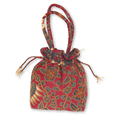 Beaded Red Cotton Batik Shoulder Bag from Indonesia