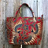 Beaded cotton batik shoulder bag, 'Sawunggaling Dance'