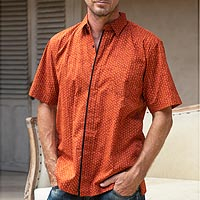 Men's cotton shirt, 'Rambutan' - Men's Orange Cotton Short Sleeve Shirt with Hidden Buttons