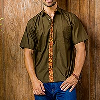 Men's Olive Brown Cotton Batik Short Sleeve Button Shirt,'Olive Reserve'