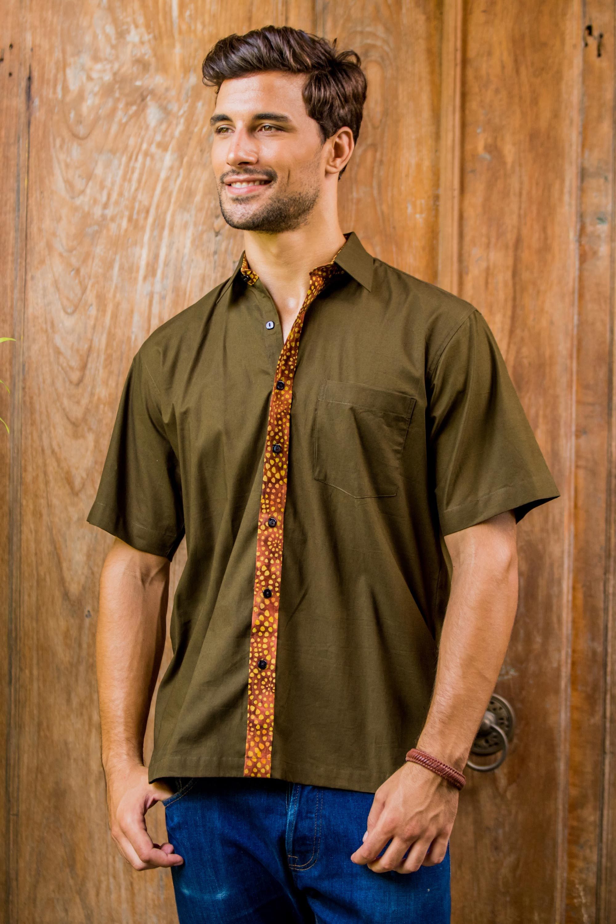 Men's Olive Brown Cotton Batik Short Sleeve Button Shirt Olive