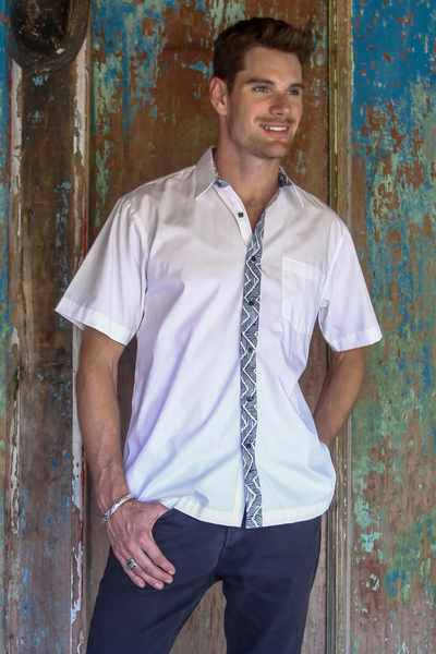 Men's cotton batik shirt, 'Blue Waves' - Hand Stamped Batik Accents on White Cotton Shirt For Men