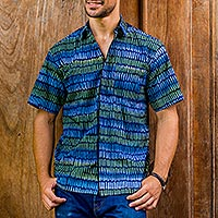 Men's cotton batik shirt, 'Oceanic Voyager'