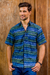 Men's cotton batik shirt, 'Oceanic Voyager' - Men's Blue Cotton Button Down Shirt with Hand Stamped Batik thumbail