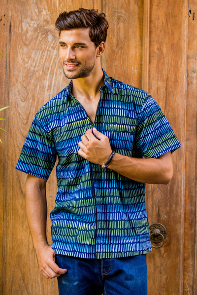 Men's Blue Cotton Button Down Shirt with Hand Stamped Batik - Oceanic ...