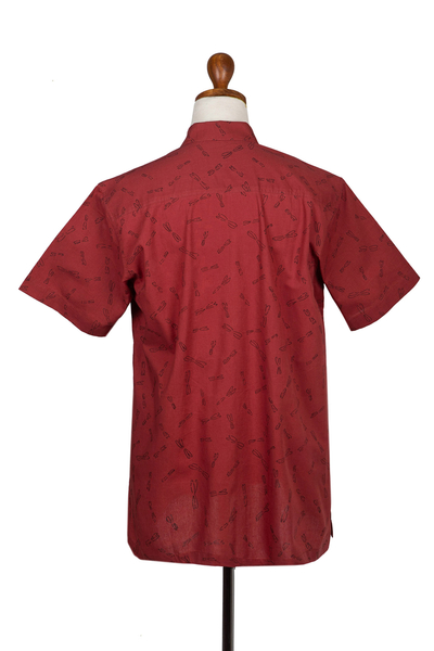 Camisa de algodón para hombre - Camisa de manga corta de algodón estampada a mano carmesí para hombre