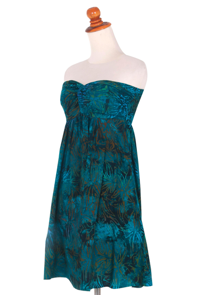 Green Batik Patterned Empire Waist Strapless Dress - Java Tropics | NOVICA