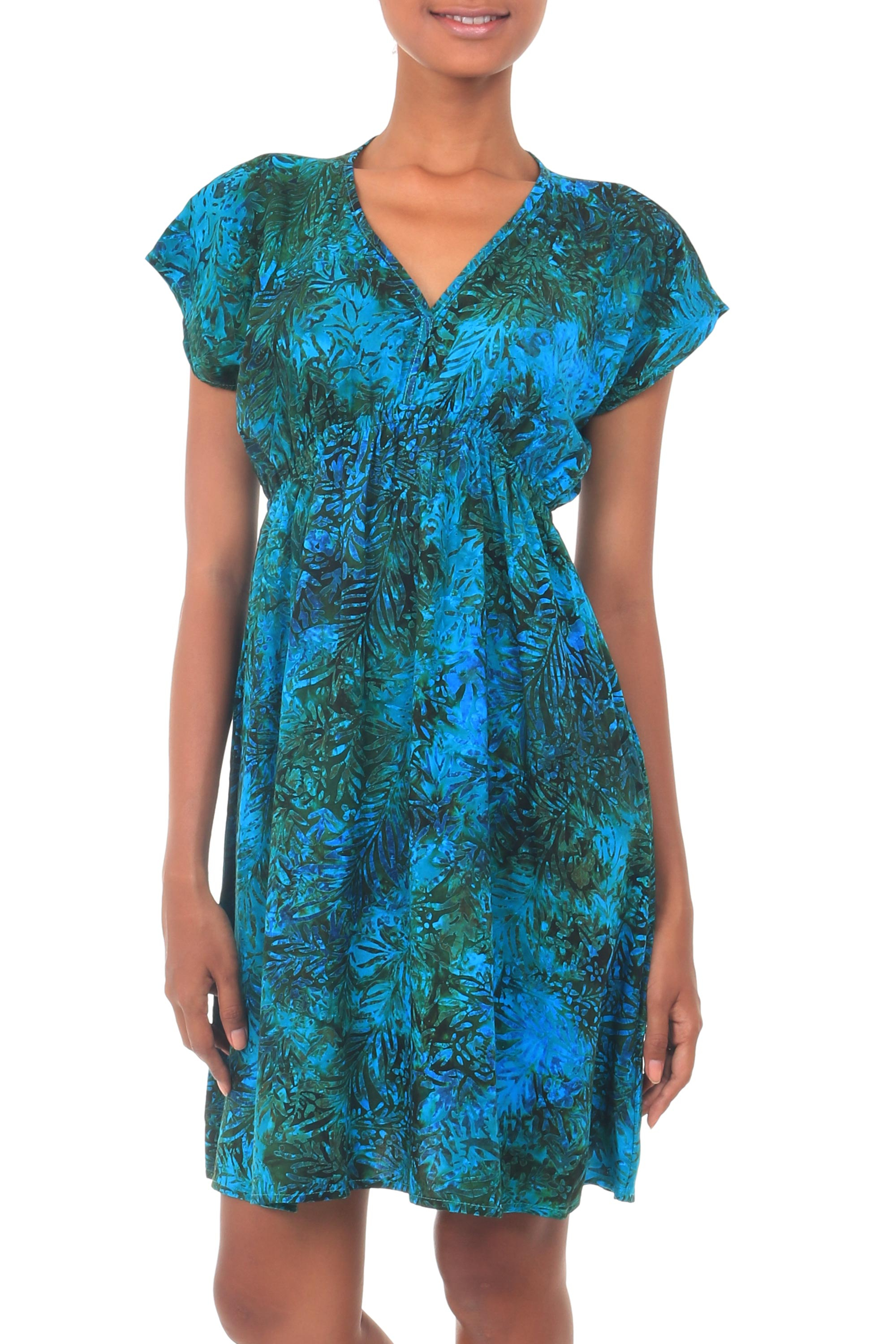 Artisan Crafted Fresh Green Blue Batik Rayon Short Dress - Java Emerald ...