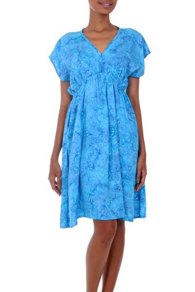 Batik rayon dress, 'Blue Buleleng Jasmine' - Handcrafted Women's Blue Batik Rayon Dress
