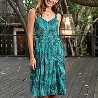 vestido batik - Vestido veraniego batik de rayón turquesa con espalda elástica de Bali