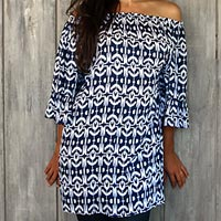 Rayon tunic, 'Candidasa Blue' - Elastic Neck Blue and White Tunic with Bell Sleeves