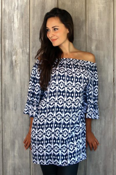 Rayon tunic, 'Candidasa Blue' - Elastic Neck Blue and White Tunic with Bell Sleeves