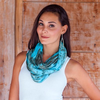 Rayon blend infinity scarf, 'Kintamani Sky' - Turquoise and Taupe Rayon Blend Infinity Scarf and Shrug