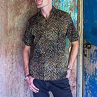Men's cotton batik shirt, 'Night Starfield' - Hand Dyed Batik Short Sleeve Shirt for Men from Bali