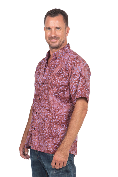 Men's cotton batik shirt, 'Light and Shadow' - Fair Trade Men's Cotton Batik Shirt in Reds from Bali