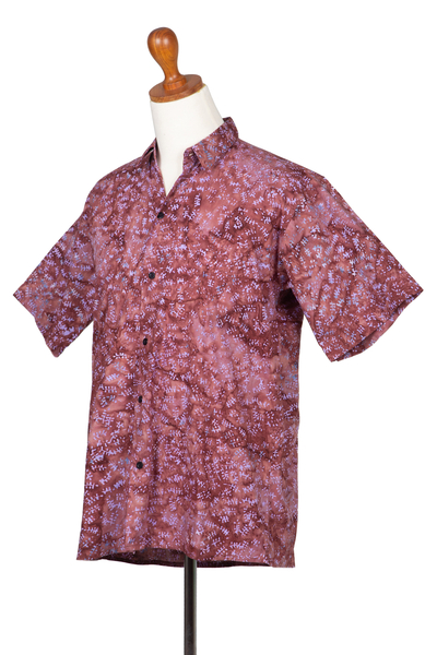 Camisa batik de algodón para hombre - Camisa batik de algodón de comercio justo para hombre en rojo de Bali