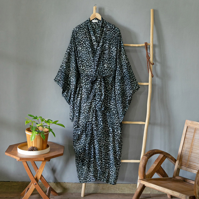 Rayon batik robe, 'Borneo Slate' - Womens 100% Rayon grey and Black Kimono Sleeve Long Batik Ro
