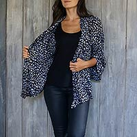 Rayon kimono jacket, 'Borneo Slate' - Women's Black and Grey Batik Print Rayon Jacket