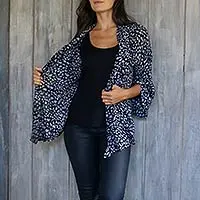 Chaqueta kimono de rayón - Chaqueta de mujer de rayón con estampado batik negro y gris