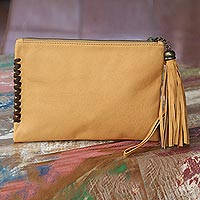 Leather wristlet bag, 'Cool Caramel' - Balinese Handcrafted Light Brown Leather Wristlet Purse