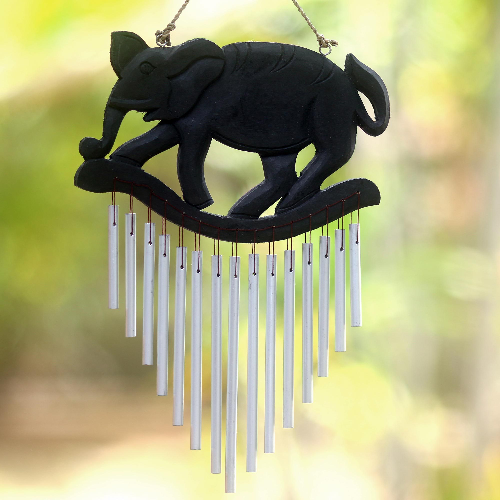 Black Wood Elephant on Hand Crafted Aluminum Wind Chimes Elephant