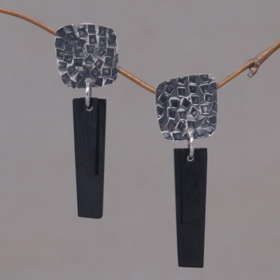 Sterling silver and horn dangle earrings, 'Black Dawn' - Handcrafted Sterling Silver and Black Horn Earrings