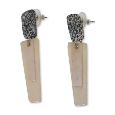 Sterling silver and horn dangle earrings, 'White Dawn' - Sterling Silver and Black White Handcrafted Earrings