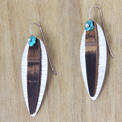 Turquoise and bamboo dangle earrings, 'Bamboo Island' - Unique Handmade Artisan Drop Earrings with Sterling Silver B