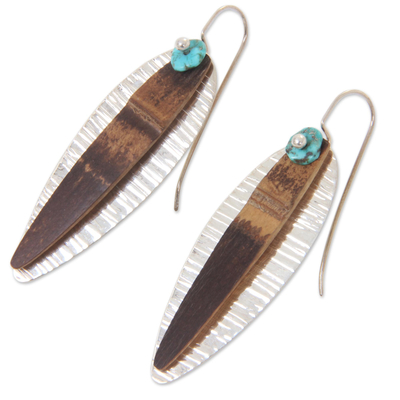Turquoise and bamboo dangle earrings, 'Bamboo Island' - Drop Earrings Crafted from Silver Turquoise and Bamboo