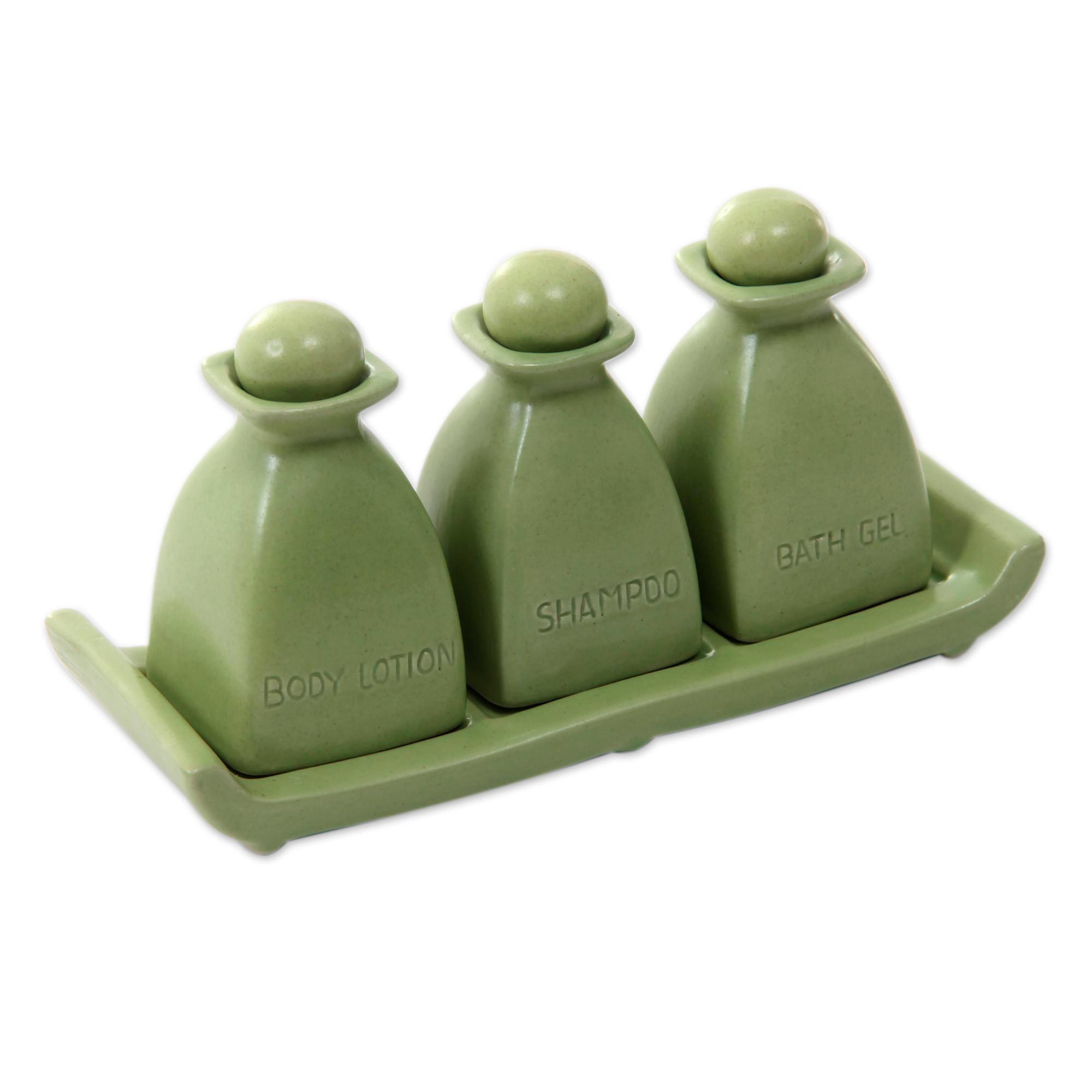 Handcrafted Green Ceramic 4 Piece Bath Accessory Set Bali Green NOVICA