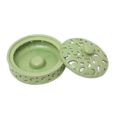 Ceramic mosquito coil holder, 'Jatiluwih Green' - Handmade Light Green Ceramic Mosquito Coil Holder