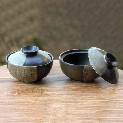 Ceramic lidded bowls, 'Bold Contrasts' (pair) - Hand Crafted Black and Grey Ceramic Bowls and Lids (Pair)