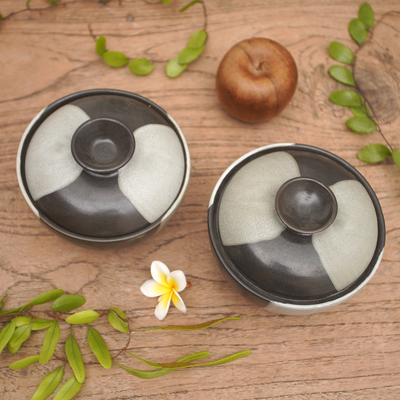 Ceramic lidded bowls, 'Bold Contrasts' (pair) - Hand Crafted Black and Grey Ceramic Bowls and Lids (Pair)