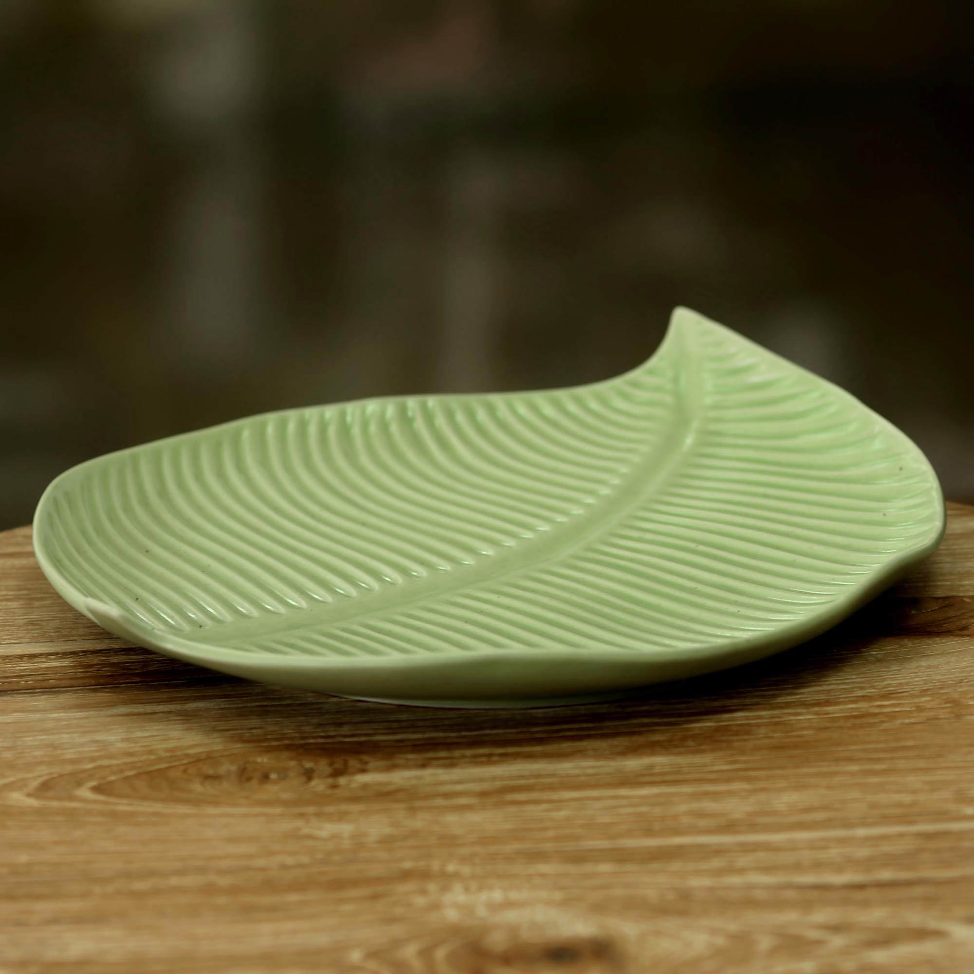 Handmade Ceramic Leaf Plate with Light Green Glaze Jungle Banana Leaf