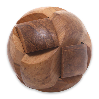 Wood puzzle, 'Tennis Ball' - Handmade Teak Wood Round Puzzle from Indonesia