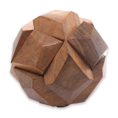 Wood puzzle, 'Soccer Ball' - Fair Trade Round Hand Carved Teakwood Puzzle Ball
