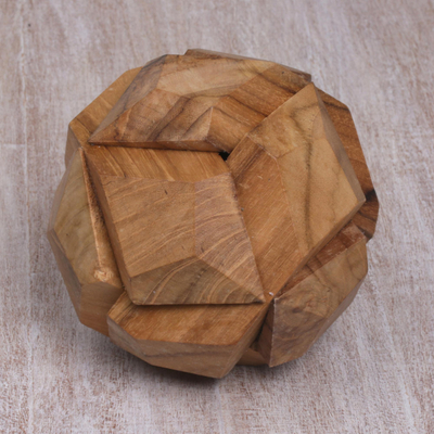 Wood puzzle, 'Soccer Ball' - Fair Trade Round Hand Carved Teak Wood Puzzle Ball