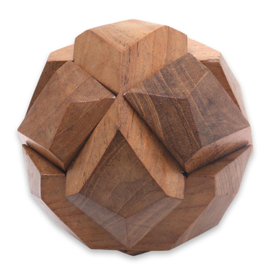 Wood puzzle, 'Soccer Ball' - Fair Trade Round Hand Carved Teak Wood Puzzle Ball