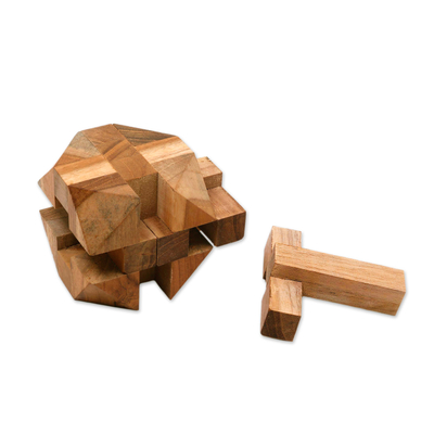 Teak wood puzzle, 'Truncated Cube' - Natural Teak Wood Block Puzzle Handmade in Java