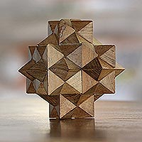Teak wood puzzle, '3D Star' - Challenging Teak Wood Mini Puzzle from Javanese Artisan