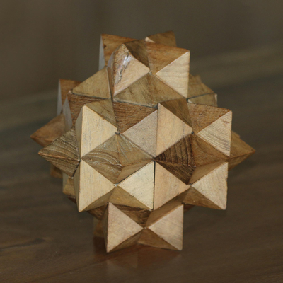 Teak wood puzzle, '3D Star' - Challenging Teak Wood Mini Puzzle from Javanese Artisan