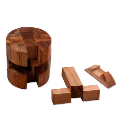 Teak puzzle, 'Forest Cylinder' - Challenging 3-D Puzzle Artwork Handcrafted of Teak Wood