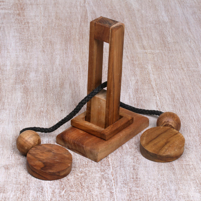 Teak wood puzzle, 'Yogya Tower' - Natural Teak Wood Pub Game Style Puzzle from Indonesia