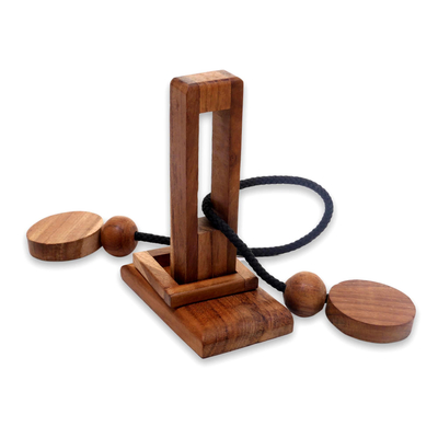 Teak wood puzzle, 'Yogya Tower' - Natural Teakwood Pub Game Style Puzzle from Indonesia