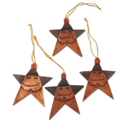 Wood ornaments, 'Vintage Blue Santa' (set of 4) - Set of 4 Antiqued Blue Santa Christmas Ornaments from Bali