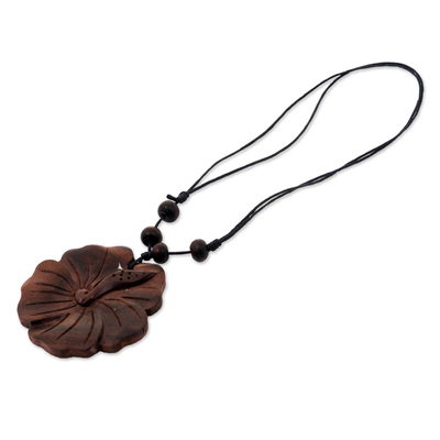 Wood pendant necklace, 'Shoe Flower' - Wood Flower Pendant Necklace Carved by Hand